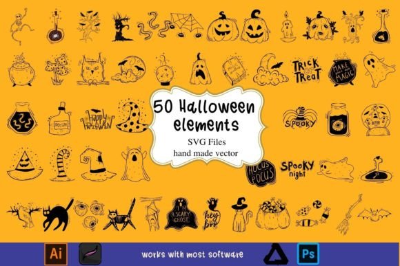 50 Halloween Elements SVG: Hand-Drawn Line Art for Designers